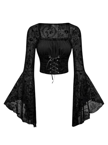 Verdusa Women's Gothic Flare Sleeve Flower Pattern Tops Velour Cross Lace-up Waist Crop Tops Black Large