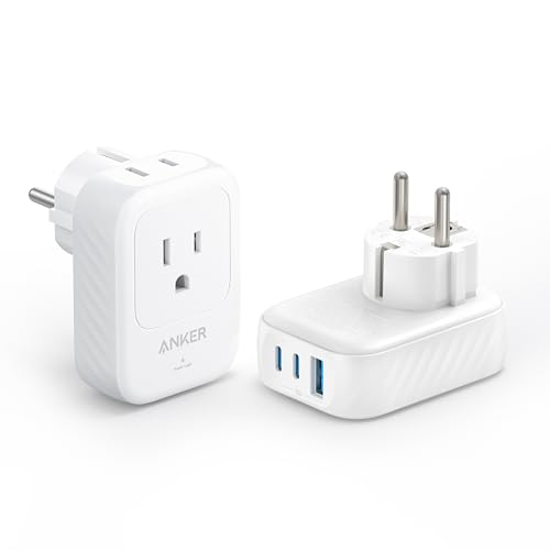 Anker (2Pack) USA to Europe International Plug Adapter, Travel Adapter, 15W Max with 2 AC, 2 USB-C Ports and 1 USB-A Port, Ideal for iPhone 15, iPad Air&More, Compact for Travel, Cruise (TUV Listed)