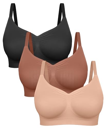 FeelinGirl V Neck Bralettes for Women Unpadded Seamless Bra 3-Pack (Black/Sienna/Nude,Medium)