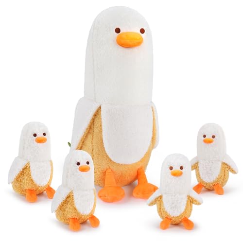 Auspicious Beginning 5-Piece Banana Duck Plush Family - Cute 20'' Mommy Duck with 4 Baby Duck Plushies - Kawaii Plush Toys for Kids' Birthdays