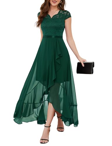 Bbonlinedress Women's V-Neck Ruffled Prom Mothe of The Bride Dress Hi-Lo Flowy Wedding Guest Formal Party Dress Dark Green M