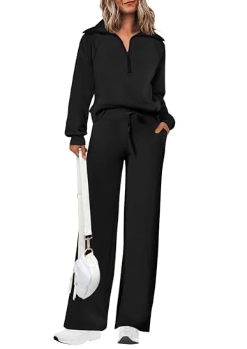 PRETTYGARDEN Women's 2025 Fall Lounge Sets Casual Half Zip Sweatshirt and Wide Leg Pants 2 Piece Outfits Sweatsuit (Black,Small)