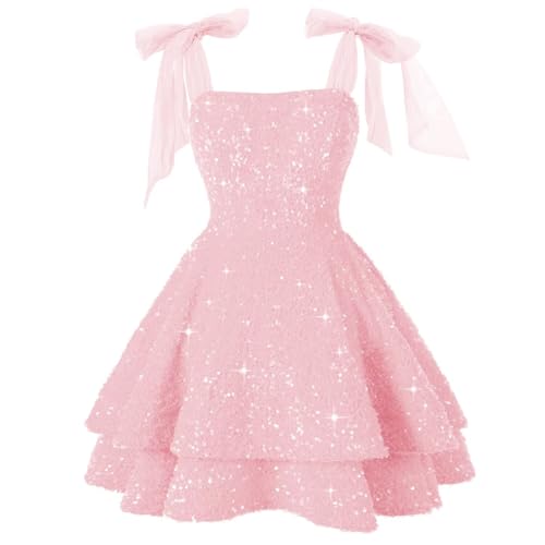 Miao Duo Glitter Spaghetti Strap Cute Cocktail Party Dress with Bow for Teens 2025 Short Sequin Birthday Dress A Line Evening Prom Dress for Juniors Blush Pink 04