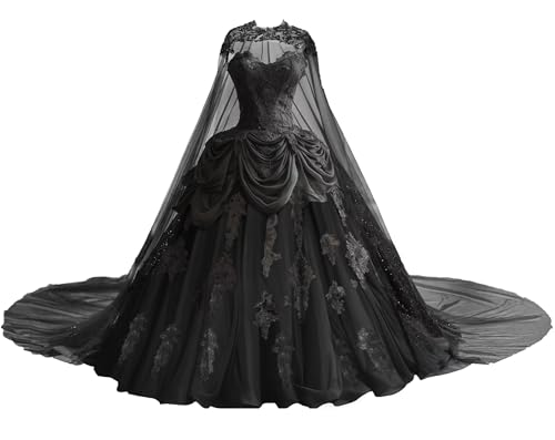 KPDFIF Black Gothic Bridal Gowns with Cape Tiered Tulle Wedding Dresses for Bride Lace Applique Wedding Dress for Women Size 06