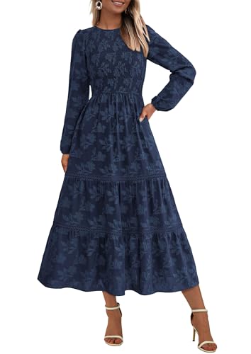 PRETTYGARDEN Long Sleeve Dress for Women 2025 Fall Elegant Modest Floral Boho Smocked Flowy Wedding Guest Midi Dresses (Navy,Small)