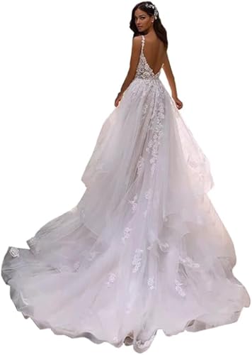 Yuxin Simple Ivory Lace Wedding Dresses Sleeveless A Line V Neck Bridal Dress for Bride Long Train 2025 Backless Us6