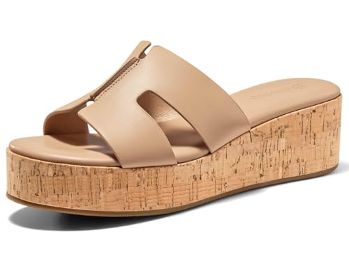Coutgo Women's Platform Wedge Sandals Open Toe Slip On Slides Cork Heeled Cutout Comfortable Summer Shoes, Khaki, Size 8