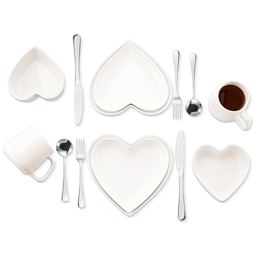 Suclain 14 Pcs Heart Shaped Dish Set Include 4 Matte Heart Shaped Ceramic Dinner Plate, 2 Pink Bowls, 2 Ceramic Coffee Mug, 6 Gold Cutlery Set for Party(White)