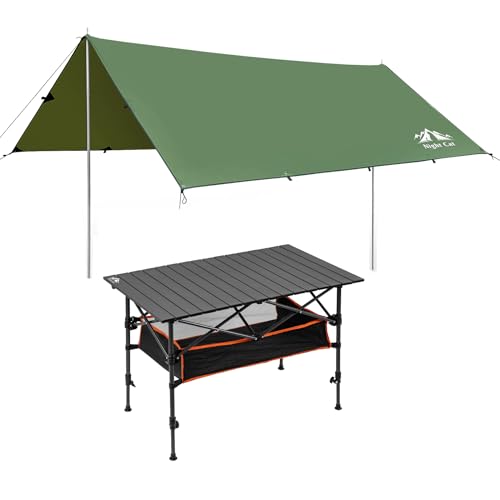 Night Cat Camping Table Foldable with Camping Tarp Tarp Poles Easy Set Up for BBQ Picnic Garden Backyard Beach Camping Table Combo Set