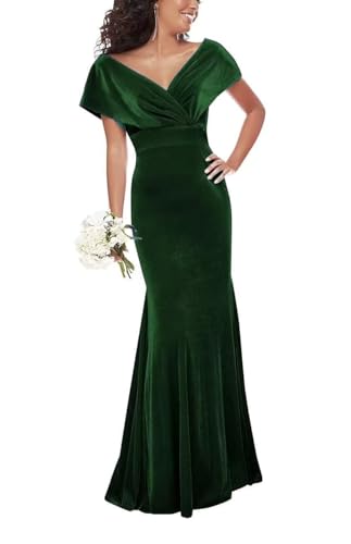 Wchecalino Velvet Bridesmaid Dresses Long V-Neck Bridesmaid Dress Wedding Party Formal Evening Gown Emerald Green 10