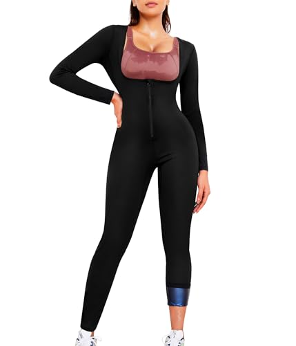 Junlan Sauna Suit for Women Full Body Compression Suit Sweat Jumpsuit Waist Trainer for Working Out(Black,Medium)