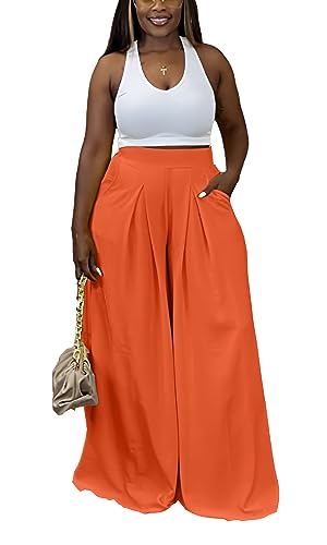 Hostoyo Casual Wide Leg Palazzo Pants for Women Lounge High Waist Skirt Pants with Elastic Waistband Orange Trousers
