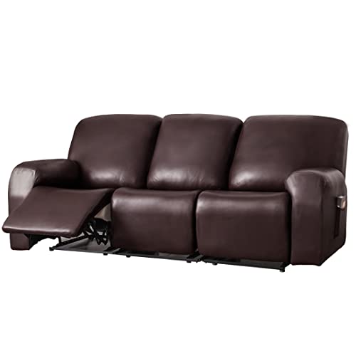 vctops 8 Pieces Waterproof Faux PU Leather Recliner Sofa Covers Stretch Soft 3 Seats Couch Cover Anti-Slip Sofa Slipcover Furniture Protector with Elastic Bottom for Kids Pet(Dark Coffee,3 Seat)