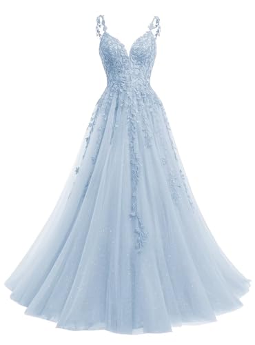 YMSHA Light Blue Prom Dresses Long Spaghetti Straps V Neck Lace Formal Evening Gowns for Women Floor Length 2