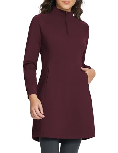 baleaf Women's Sweatshirt Dress Winter Fleece Lined Dress Quarter Zip Cover Up Water Resistant Warm Outdoor with Pocket Wine Red XL