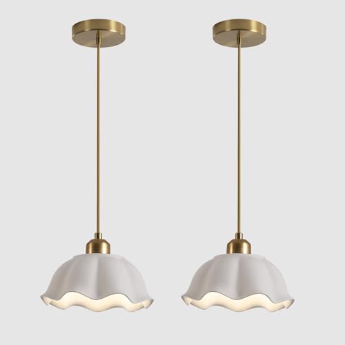 Magiroz Modern Gold Milk Glass Pendant Light Mid Century Adjustable White Ceramic Hanging Light Fixture Vintage Brass Pendant Light Kitchen Island Nordic Hanging Lamp (2 Pack) MPL11-2 GD