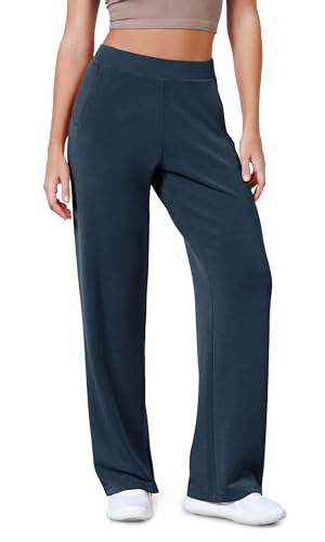 ODODOS Women's Modal Soft Wide Leg Pants Elastic High Waist Casual Lounge Relaxed Pants with Pockets - 29" Inseam, Navy, Small