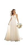 keosin Lace Applique Tulle Wedding Dresses 2025 Puffy A Line Boho V Neck V Back Long Bridal Gowns for Bride White US6