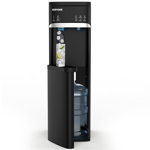 ICEVOKE Self-Cleaning Water Dispenser with Ice Maker, Bottom Loading Hot and Cold Water Cooler for 5 Gallon Bottle - Includes Child Safety Lock & Nightlight - Water Machine for Home, Office, Black
