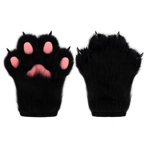 hbbhml Faux Fur Plush Furry Cat Claw Gloves Fursuit Animal Fox Paws Mittens Halloween Cosplay Costume Accessories for Adult