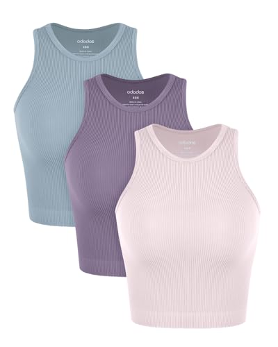 ODODOS 3-Pack Seamless Tank for Women Rib-Knit Soft Sleeveless High Neck Tank Tops, Waist Length, Pink Lace+Violet+Iceberg, Medium/Large