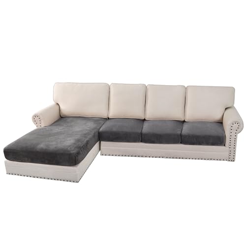H.VERSAILTEX Velvet Stretch Sectional Sofa Covers - 4 Piece Seat Cushions for L Shape Sectional Couch (Large 3 Seater + 1 Chaise, Grey)