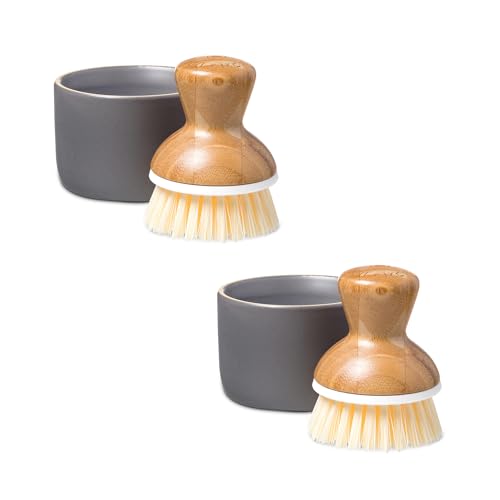 Full Circle Bubble Up - Bamboo Dish Brush & Ceramic Soap Dispenser - Scrub Set for Dishes, Nonstick and Cast Iron - Kitchen Cleaning Tool with Natural Bamboo Handle, Gray - 2 Sets Included