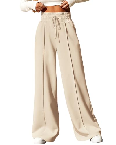 BTFBM Womens Wide Leg Sweatpants Casual Loose Solid Color Pants Comfy Lounge Joggers Baggy Sweatpants Pockets(Solid Beige,Medium)