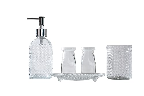 Bathroom Accessories Set (6PCS) -Soap Dispenser(Square), Gargle Cup, 2 Glass Jars, Soap Dish, Storage Organizer Basket