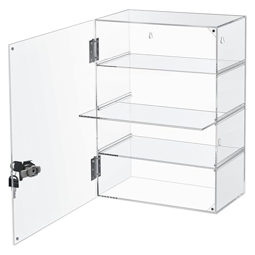 Acrylic Display Case with Lock Key 4 Tier Clear Display Case Locking Cabinet for Collectibles Figure Knife Rock Perfume Countertop Retail Showcase Display Box Wall Mount with Shelves 11.8x5.9x15.7 in