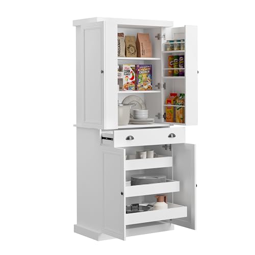 HollyHOME 72.4" Kitchen Pantry Cabinet, Tall Storage Cabinet with Pull-Out Shelf Board and Drawer, Freestanding Cupboard with Adjustable Shelves and Door Shelves for Kitchen and Living Room, White
