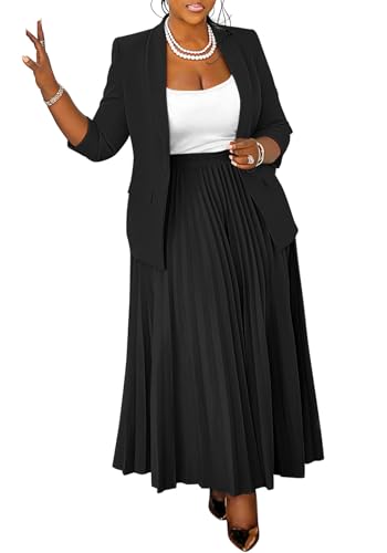 Plus Size Blazer Sets Women 2 Piece Outfits Casual Long Sleeve Jacket and Pleated Flowy Maxi Skirt Suit Business, Black, L