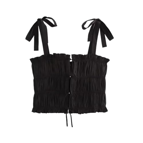 Pleated Tank Tops with Jewelled Bows for Women Straight Neck Thin Straps Solid Color Camis Vest