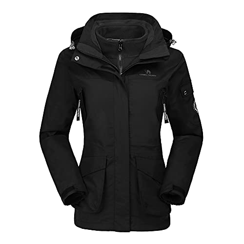 CAMEL CROWN Womens Waterproof Ski Jacket 3-in-1 Windbreaker Winter Coat Fleece Inner for Rain Snow Outdoor Hiking black