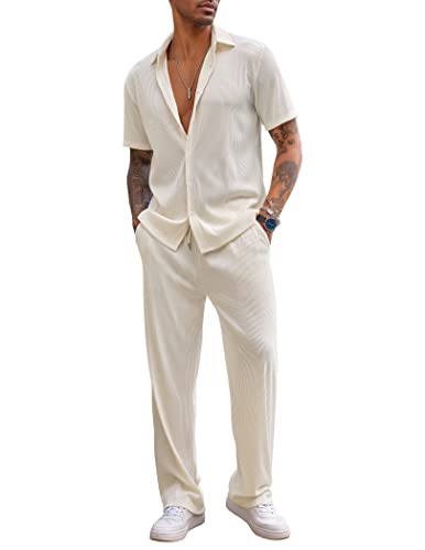 COOFANDY Men's 2 Piece Outfit Casual Short Sleeve Button Down Shirt Beach Summer Loose Pant Sets