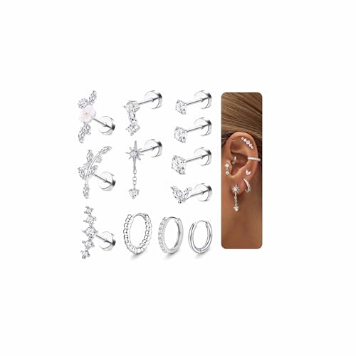 LOLIAS 16 Gauge Cartilage Earrings for Women Flat Back-Hypoallergenic Surgical Stainless Steel Stud Hoop Cartilage Earring Set Daith Conch Tragus Helix Piercing Jewelry Silver