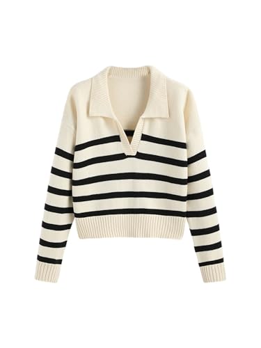 CIDER Women’s Polo Sweater Striped Collared Lightweight Long Sleeve V Neck Pullover Fall Sweater Tops 2024: Black & White, S