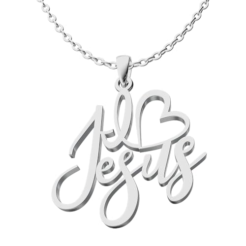The Positive Christian I Love Jesus Necklace - Stainless Steel - Silver or Gold - Christian Gifts for Women of Faith - Religious Jewelry Gift for Christmas, Wedding, Anniversary (Silver)