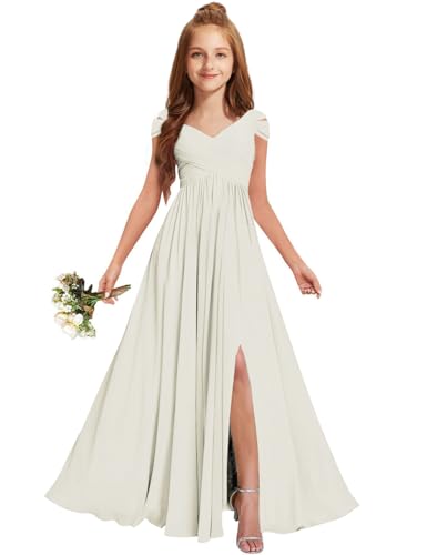 Junior Kids Girls Bridesmaid Dresses Ivory Chiffon Flower Girl Dress for Wedding Guest Off The Shoulder Size 12