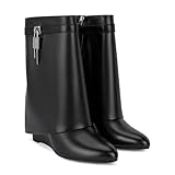 CORNMOOD Women Fold Over Boots Wide Mid Calf Black Shark Boots Almond Toe Pull On Wedge Heeled Short Ankle Booties With Padlock