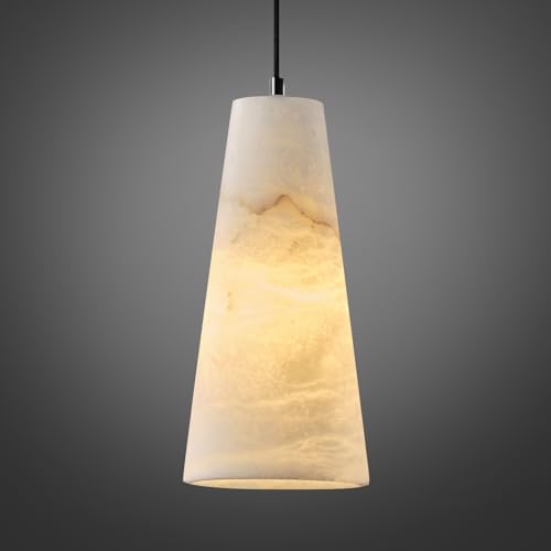 Natural Alabaster Pendant Lights Kitchen Island, H-10in White Pendant Light Fixtures, Light Pendant Marble Conical Shade Black, for Bedroom Bathroom Dining Room Living Room (Dimmable Bulbs INCL)