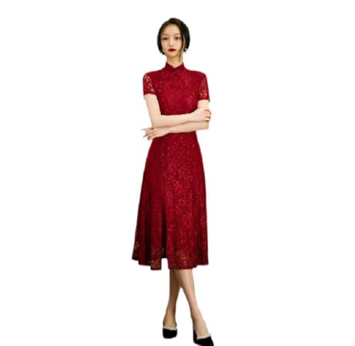 Womens Chinese Dress - Chinese Traditional Dress Improved Red Lace Front Slit Long Cheongsam Skirt Wedding Party Qipao for Women Plus Size,Style A,4XL