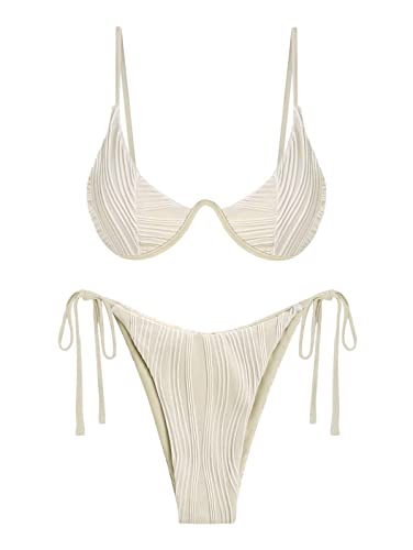 ZAFUL Women's Textured Underwire Bikini Set V Notch High Cut Swimwear Tie Side Ribbed Sexy Swimsuits