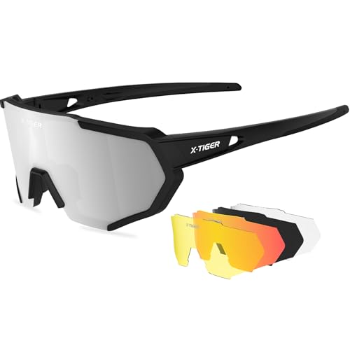 X-TIGER Polarized Sports Sunglasses with 5 Interchangeable Lenses,Mens Womens Cycling Bike Glasses,Baseball Running Fishing Golf Driving Sunglasses