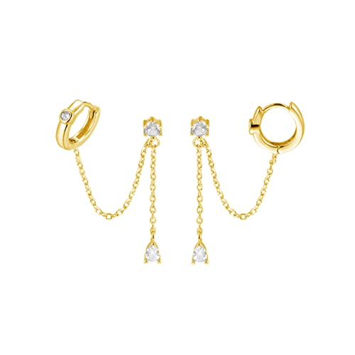 SLUYNZ 925 Sterling Silver Double Piercing Earrings - Huggie Cuff Droplet Chain for Women - Double Holes Dangle Earrings - Cartilage Helix - B-Gold Plated