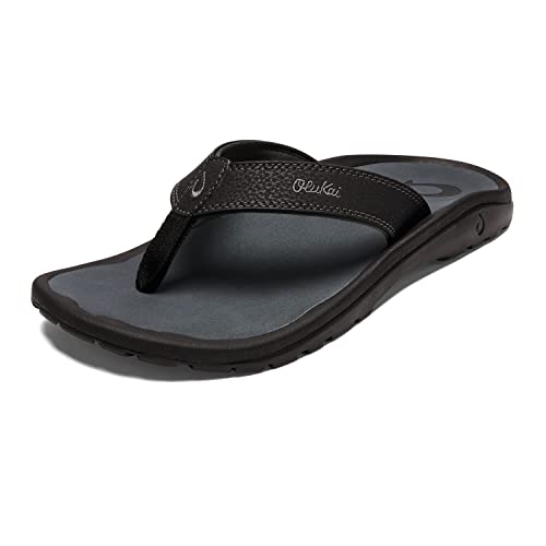 OLUKAI Ohana Men's Beach Sandals, Quick-Dry Flip-Flop Slides, Water Resistant & Lightweight, Compression Molded Footbed & Ultra-Soft Comfort Fit, Black/Dark Shadow, 11