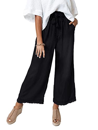 Valphsio Women's Fashion Wide Leg Bottom Pants High Rise Tassel Stretch Loose Fit Jeans Black