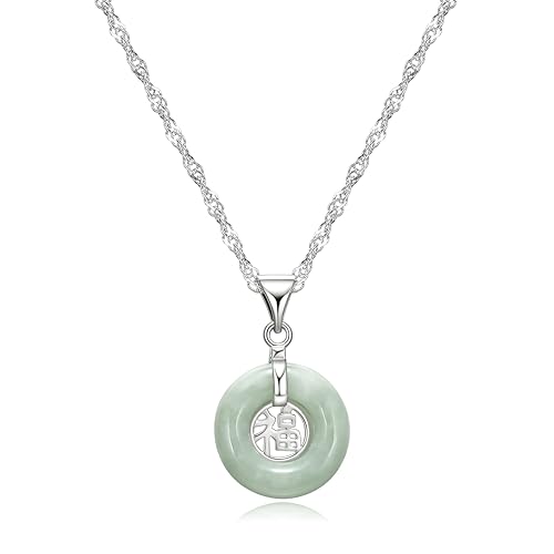 MORGAN & PAIGE .925 Sterling Silver Rhodium Plated Genuine Jade Necklaces for Women - Green Jade Good Fortune Fu Symbol Dainty and Lightweight Sterling Silver Necklace for Women, 18 inch