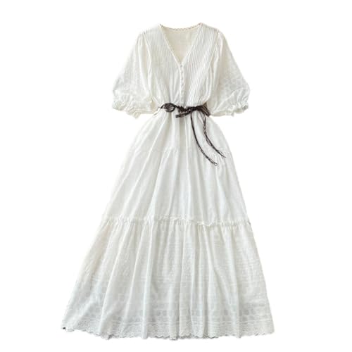 Women Vintage V Neck Short Lantern Sleeve Embroidered Sash Dress Korean Fashion Vacation Summer White