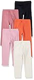 Amazon Essentials Girls' Leggings, Pack of 5, Black/Blush/Ivory/Orange/Pink, Small